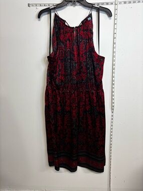 Silk Sleeveless Red and Black Midi Dress with Gathered Waist